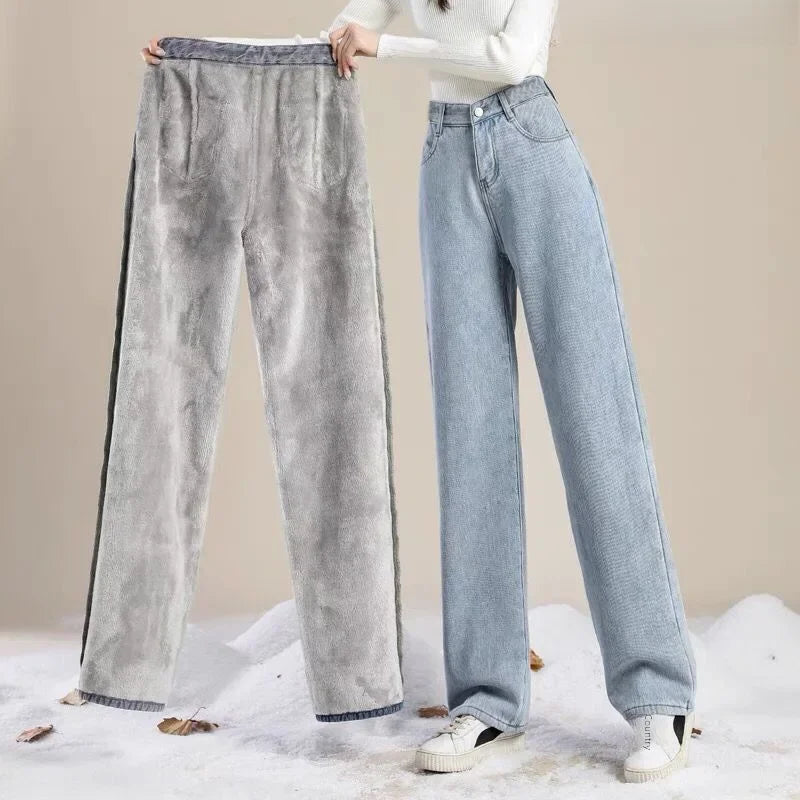 Jean polyvalent taille haute doublé polaire épais à jambe droite pour petites femmes Pantalon en denim chaud coupe ample amincissant