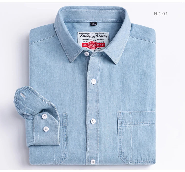 Man 100% Cotton Western Denim Pocket Shirt Long Sleeve Standard-fit Comfort Durability Soft Casual Washed Durability Work Shirts