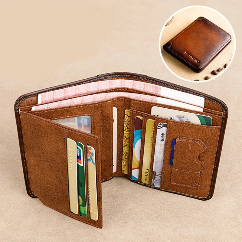 Genuine Leather Rfid Protection Wallets for Men Vintage Thin Short Multi Function ID Credit Card Holder Money Bag