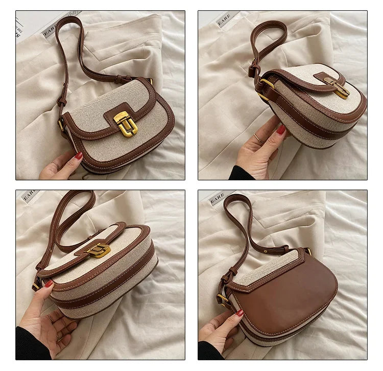 2024 New Small Style Contrast Panel Canvas Retro One Shoulder Crossbody Saddle Bag Handbags