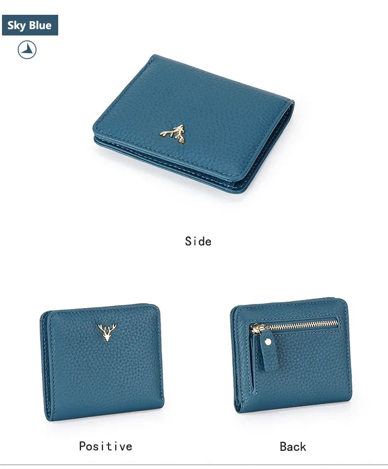 Cowhide Women's Purses Short Thin Small Wallet Chic Christmas Deer Button Ladies Genuine Leather Card Holder Wallet Coin Purse