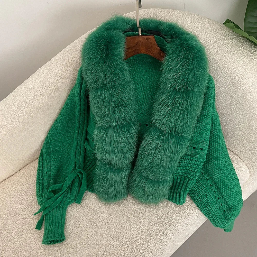 New Knitting Cardigan 2024 Winter Women Knitted Jacket with Natural Fur Placket Coat Casual Real Fox Fur New Fashion Short Warm