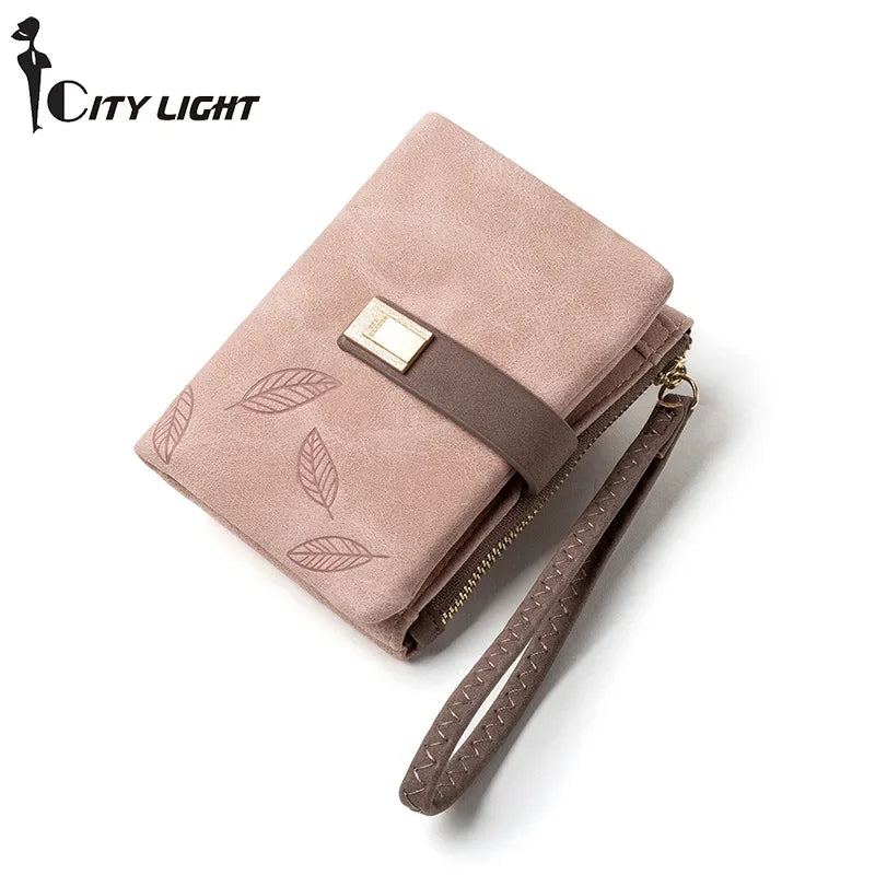 Fashion Female Wallet Short Leaf Print Purse Women Small Nubuck Leather Purse with Wrist Strap