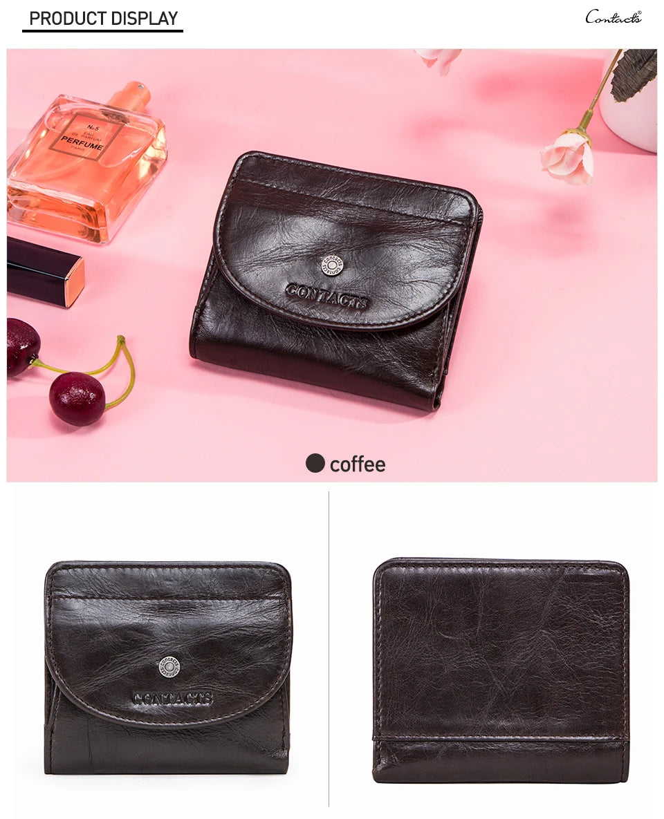 CONTACT'S Genuine Leather Short Wallets for Women Fashion Card Holder Money Clip Coin Purse Female Mini Wallet Women's Bag Purse