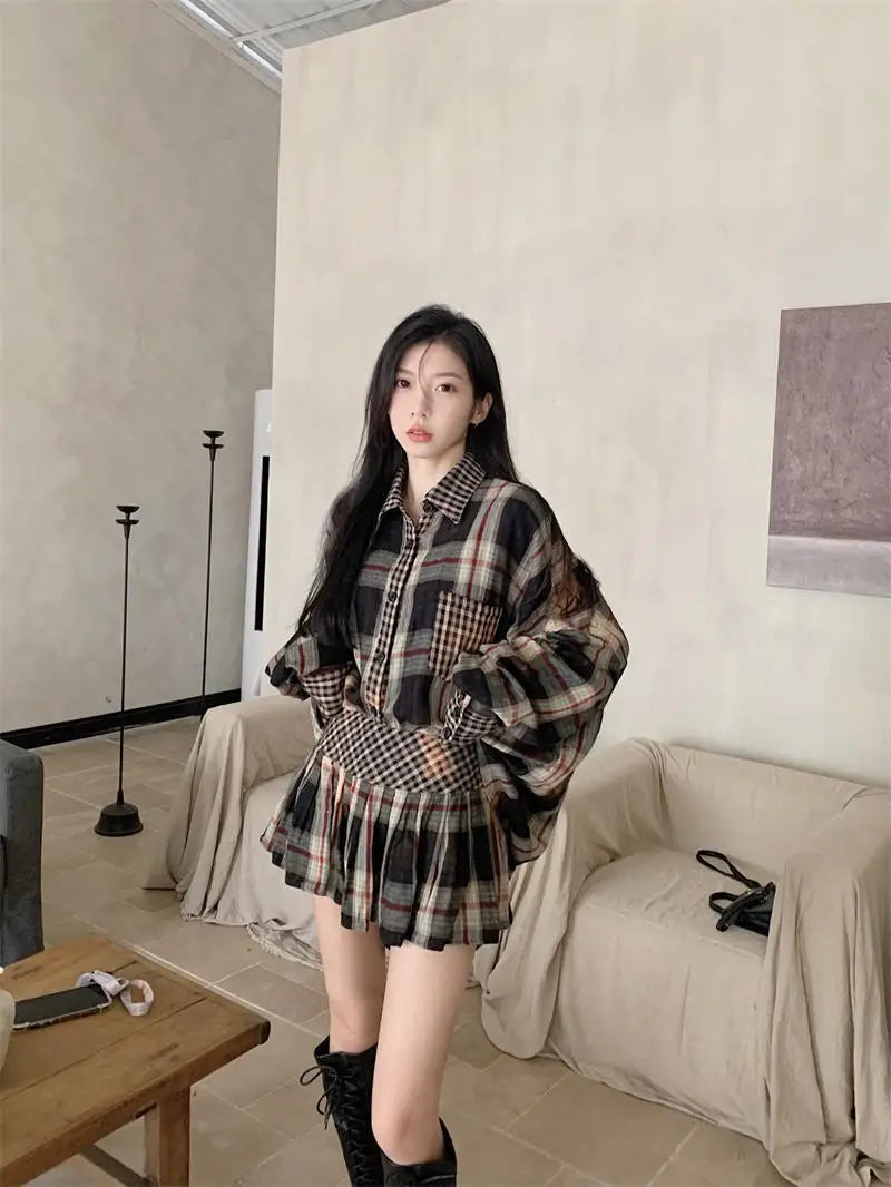 Onalippa Contrast Plaid Two Piece Sets Womens Outfits Turn Down Collar Casual Blouse Korean Chic Waist Belt Mini Pleated Skirts