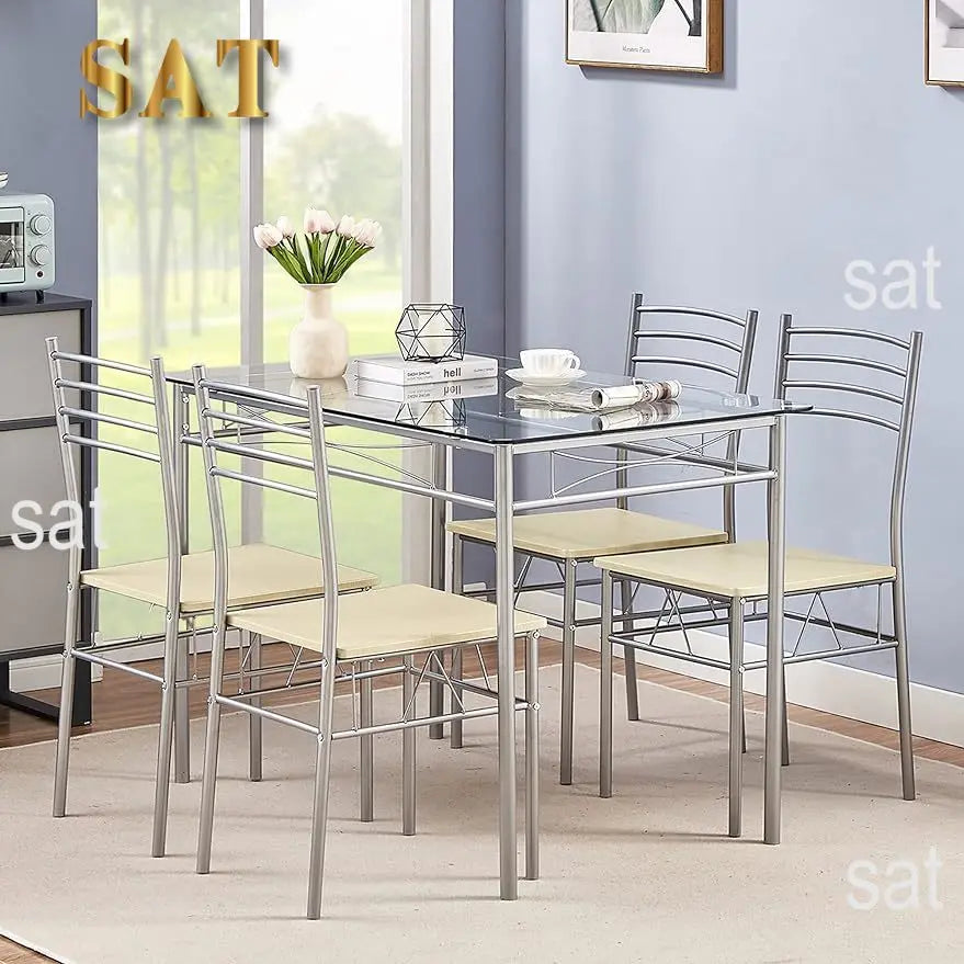 Kitchen Dining Room Sturdy Stable Table and Chairs 4, 5-Piece Dinette Sets, Space Saving (Silver), 43.3",Easy Assembly