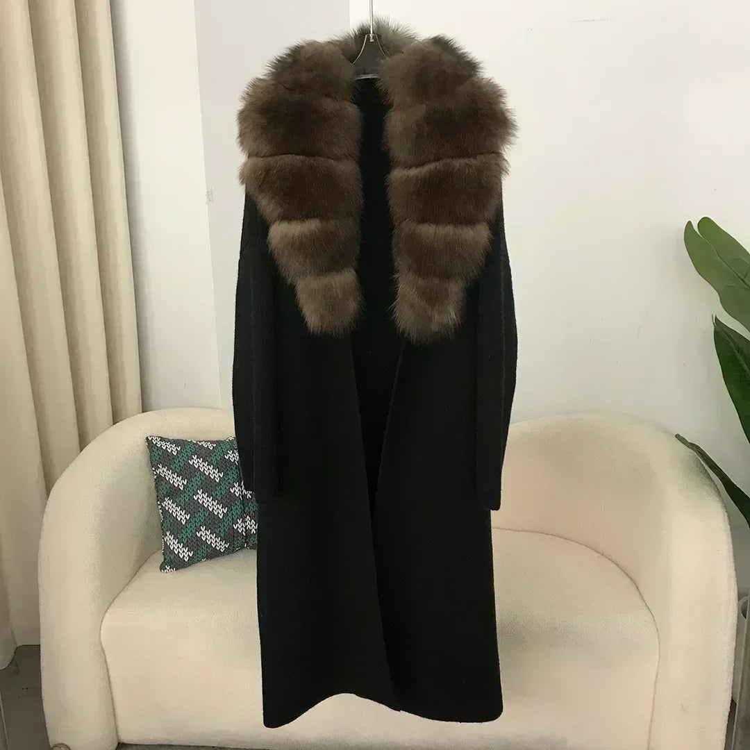 2024 Natural Fox Fur Collar Jacket Spring Autumn Real  Sweater Fur Coat Women Belt Long Loose Thick Warm Outerwear Knitting Coat