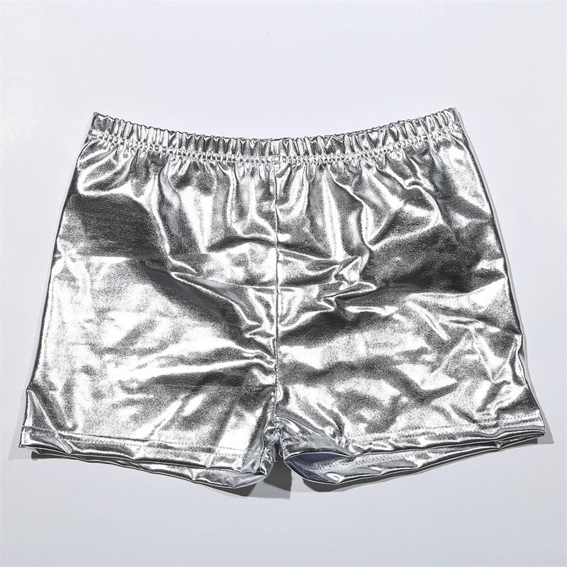 Women Silver Metallic Yoga Shorts Rave Booty Shorts Mid Waist Cheer Shorts PU Shiny Yoga Shorts Femme