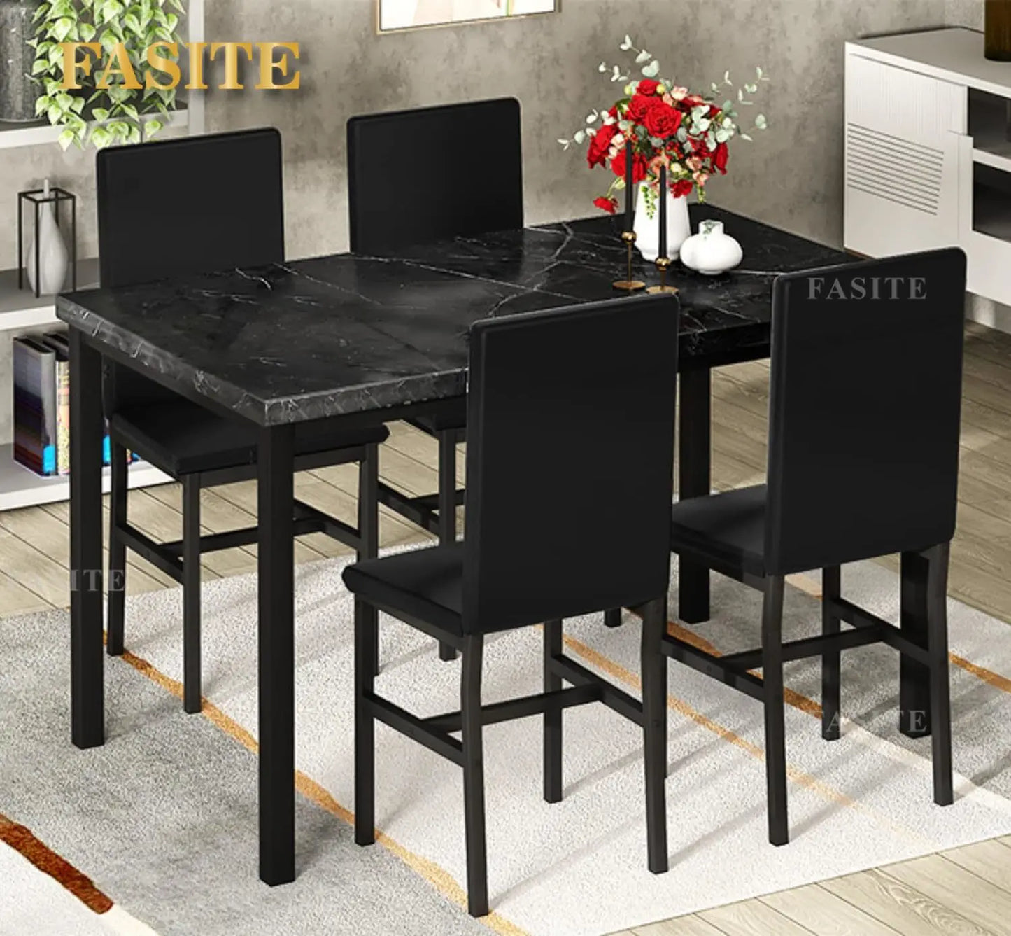 White Faux Marble Dining Table with 4 Upholstered Chairs, 5-Piece Dining Room Table Set for Small Space, Breakfast Table