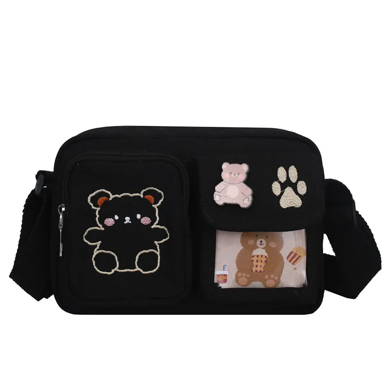 Canvas Small Bag Japanese ins Women Shoulder Bag Cute Funny Personality Embroidery Bear Girl Student Transparent Messenger Bag