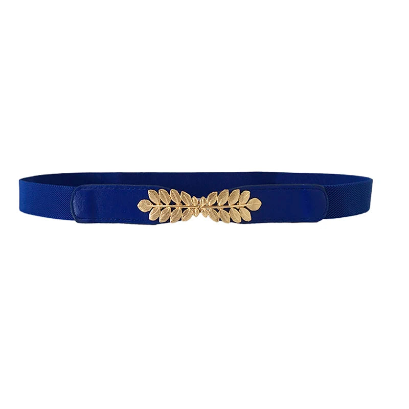 Fashion Leaf Waistbands Stretchy Lady HOT Elastic Cummerbunds For Women Dark Blue Belt Dress Gold Double Metal Buckle Waistband