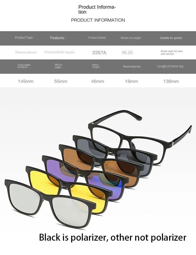 6 In 1 Custom Men Women Polarized Optical Magnetic Sunglasses Clip Magnet Clip on Sunglasses Polaroid Clip on Sun Glasses Frame