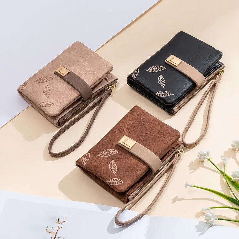 Fashion Female Wallet Short Leaf Print Purse Women Small Nubuck Leather Purse with Wrist Strap