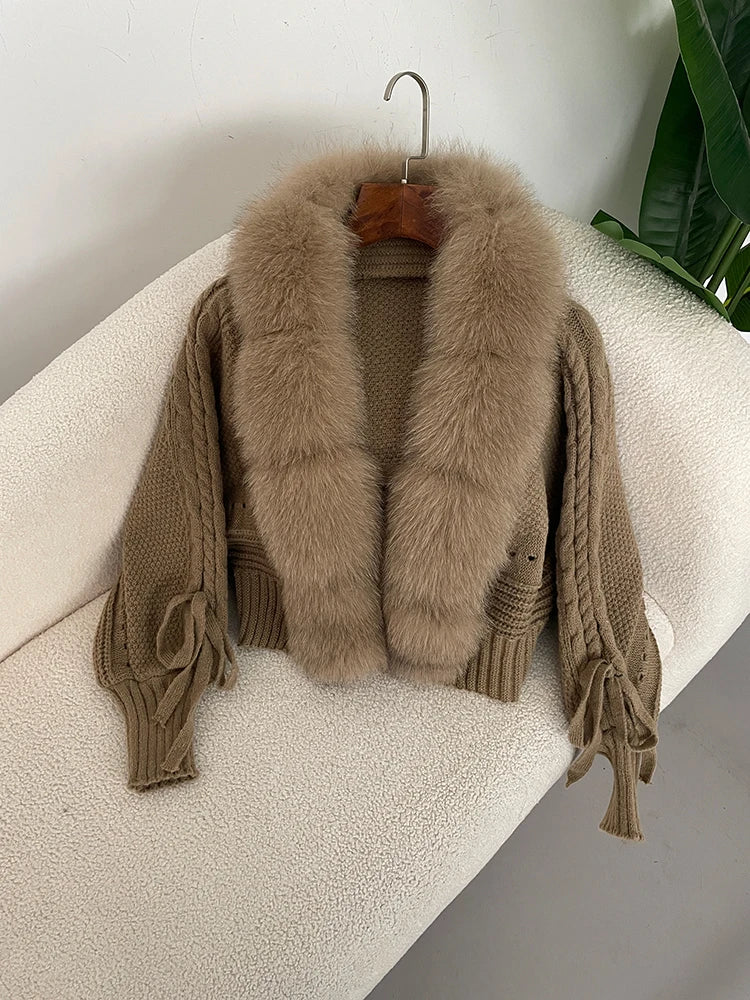 New Knitting Cardigan 2024 Winter Women Knitted Jacket with Natural Fur Placket Coat Casual Real Fox Fur New Fashion Short Warm