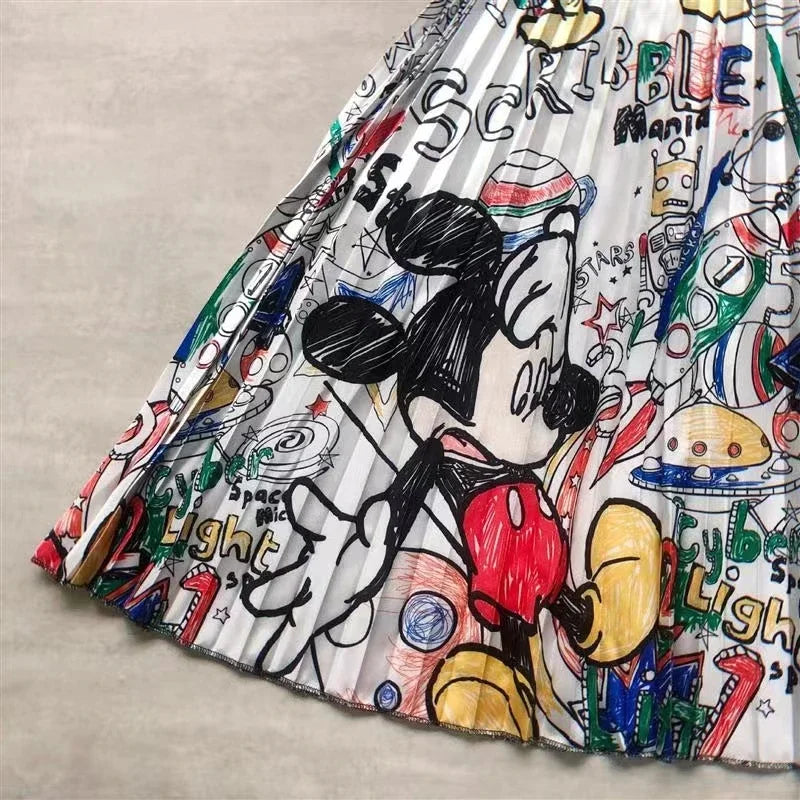 Disney Women Pleated skirt Mickey Mouse New Cartoon Print Long Skirts Women Young Girl street styl Large Size Female Falda Y2K