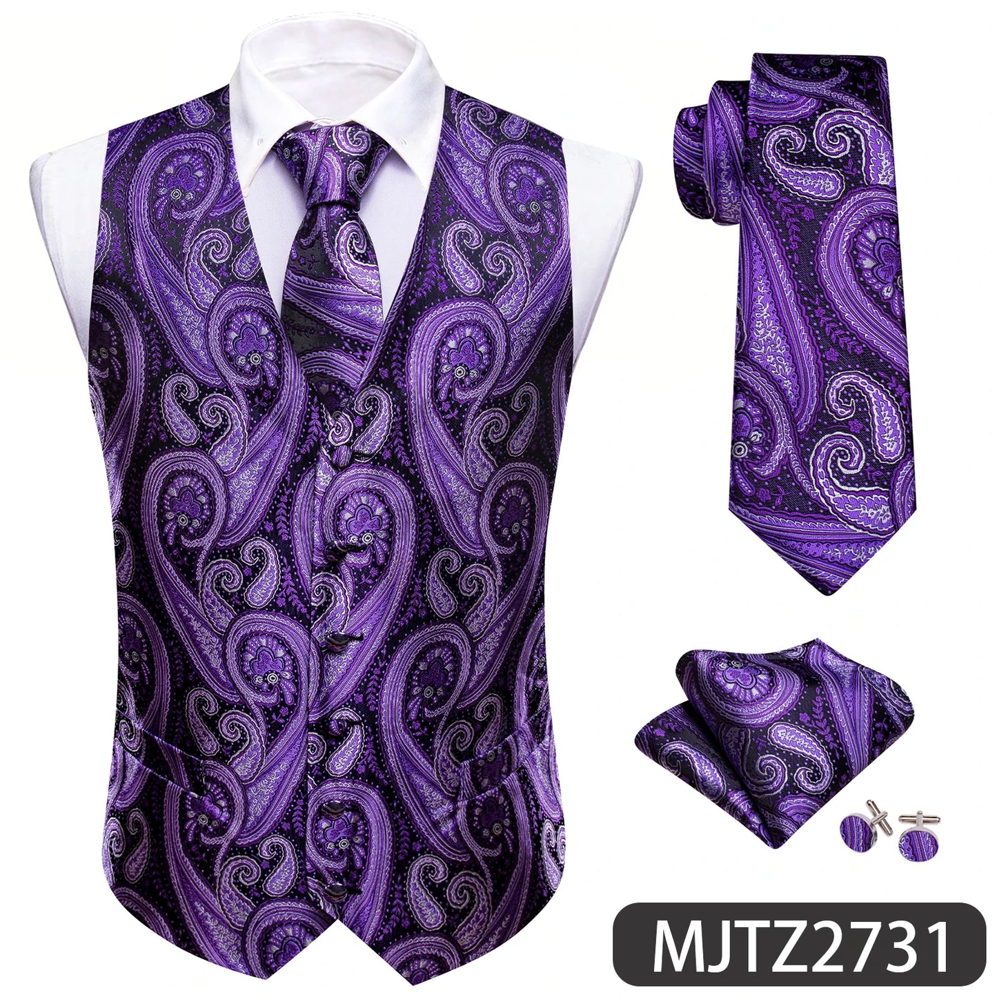 Lilac Purple Violet Lavender Silk Men Vest Tie Hanky Cufflinks Set Woven Waistcoat Sleeveless Jacket Wedding Business Barry.Wang