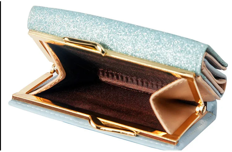 Metal Buckle Ladies Bright Leather Fashion Purse,Women's Short Wallet, Small Shiny Leather Three Fold Leather Wallet Billfold