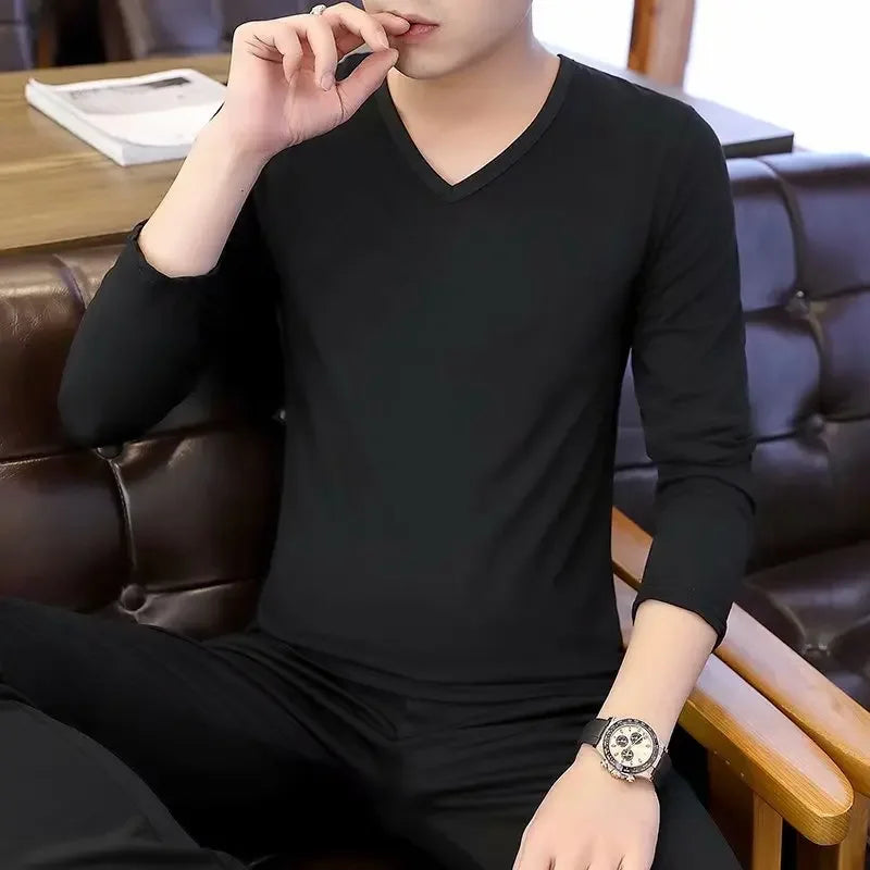 Men's Long Sleeve Black V-neck Base Layer T-shirt Solid Color Autumn Innerwear Thin Style Comfortable Men's Top