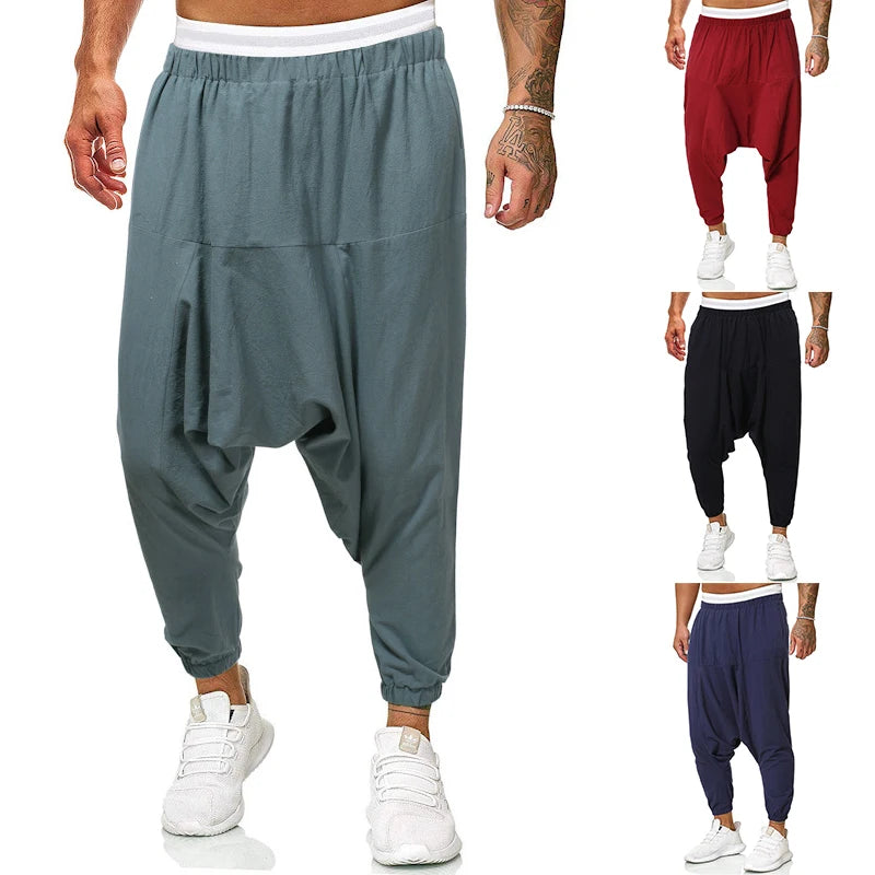 Fashion Cotton Linen Harem Pants Men Solid Elastic Waist Streetwear Joggers Baggy Drop-crotch Pants Casual Trousers Men