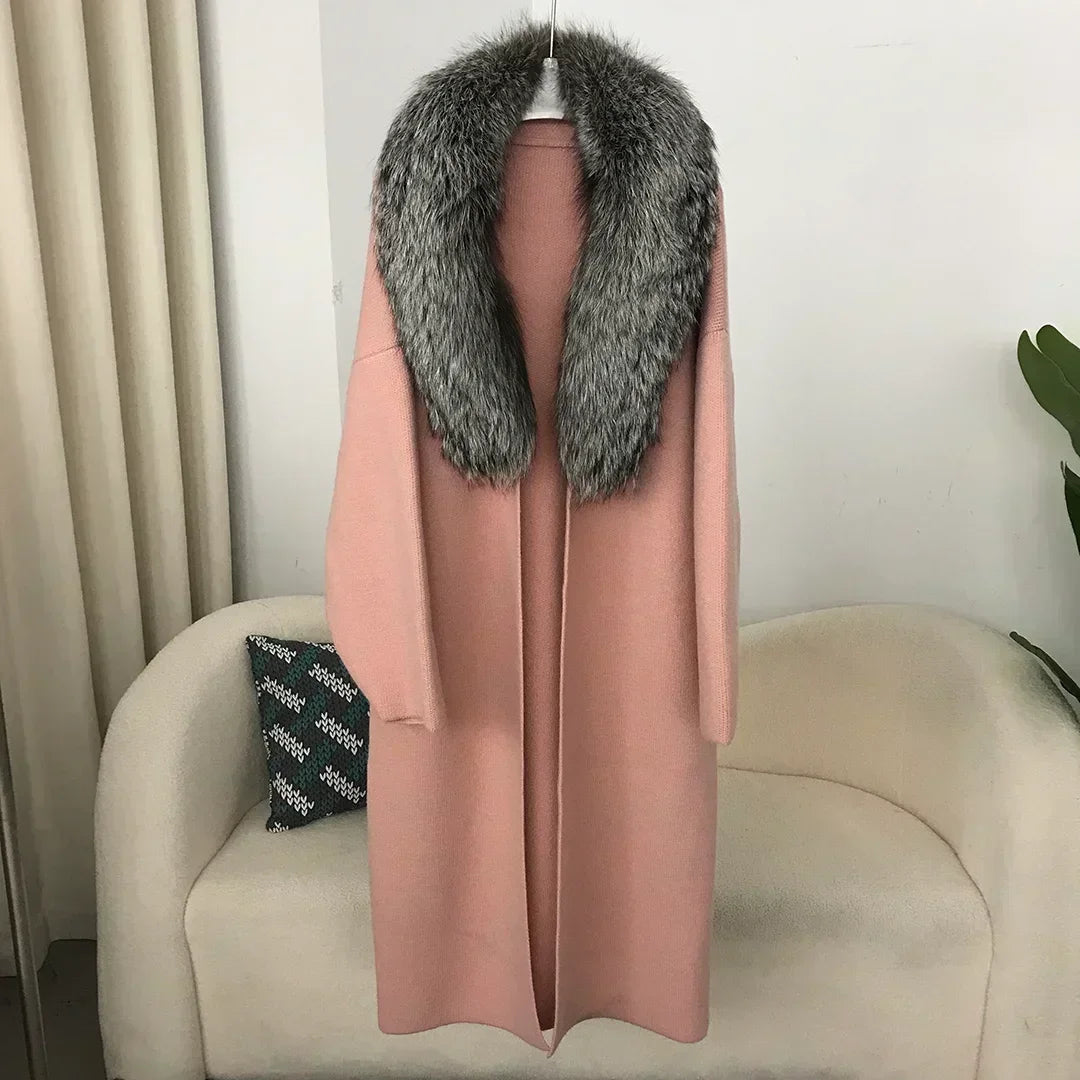 2024 Natural Fox Fur Collar Jacket Spring Autumn Real  Sweater Fur Coat Women Belt Long Loose Thick Warm Outerwear Knitting Coat