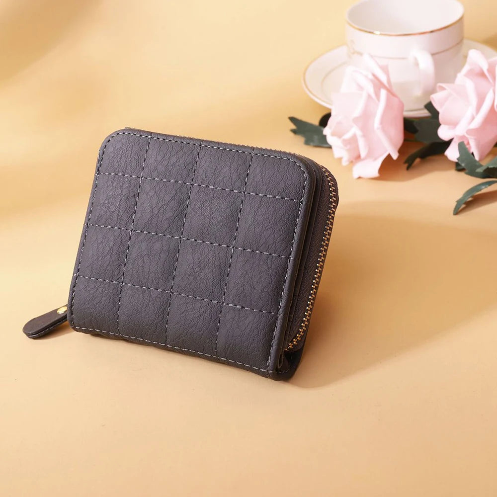 Leisure Flodable Short Wallets Coin Card Holder Women‘s PU Leather Plaid Zipper Coin Money Purses ID Credit Card Holder Wallet