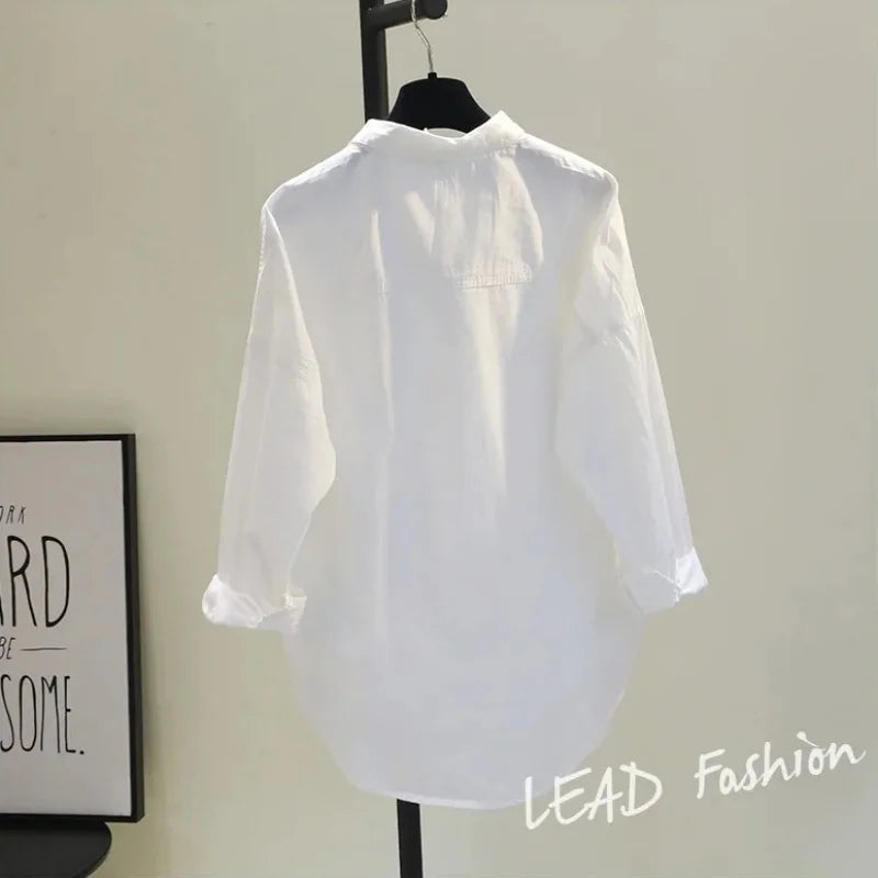 Casual Button Cotton White Women's Shirt Spring Long Sleeve Solid Loose Blouses Office Lady Elegant Tops