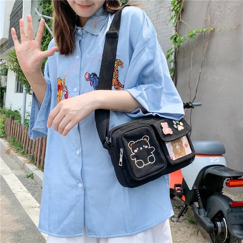 Canvas Small Bag Japanese ins Women Shoulder Bag Cute Funny Personality Embroidery Bear Girl Student Transparent Messenger Bag