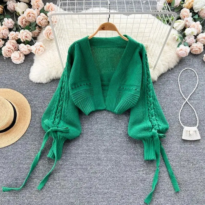 Green Casual Acrylic Knit V-Neck Lantern Long Sleeve Lace Up Women's Cardigan Sweater Short Cardigan For Women Clothing 2024