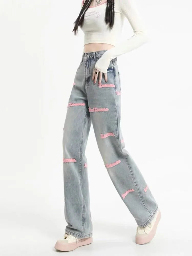 Loose Embroidered High-waist Women Jeans Spring Season Design Letter Straight Crotch Pants Slim Fit Dragging Long Pants