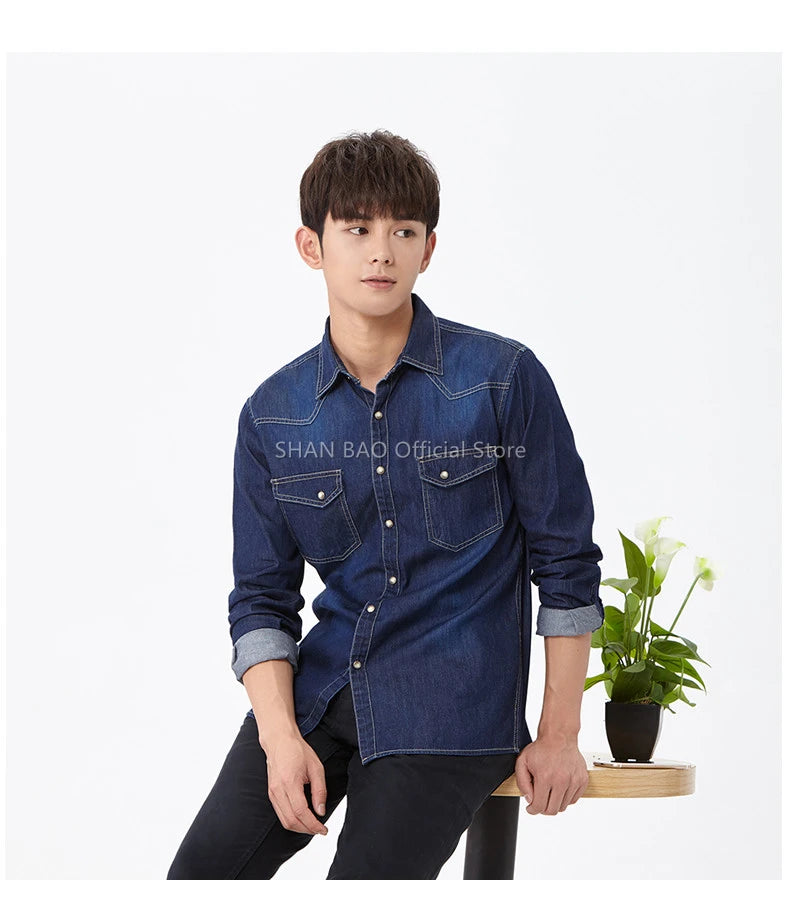 SHAN BAO classic brand double pocket button 100% cotton denim shirt 2022 spring high quality men's slim long-sleeved shirt