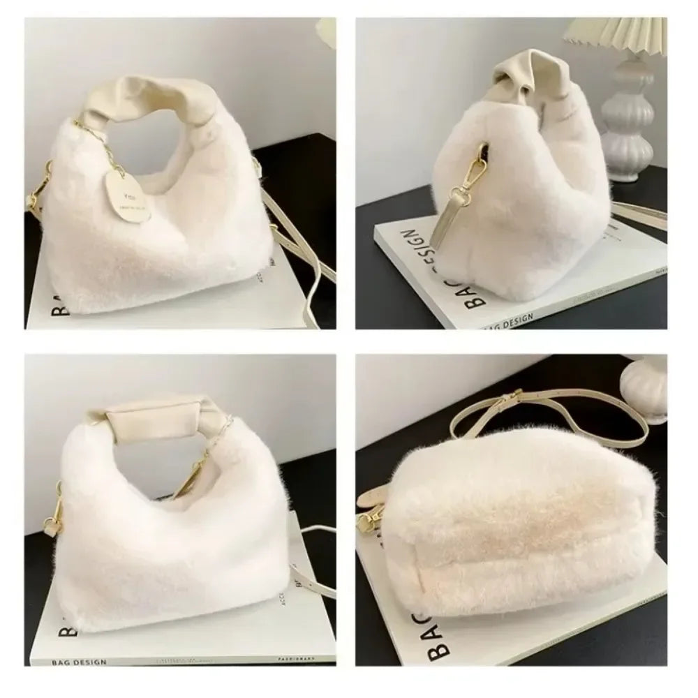 New Fashion Women Lady Shoulder Underarm Bag Solid Color Soft Plush Handbag Fluffy Totes Purse Autumn Winter Shopping Bag