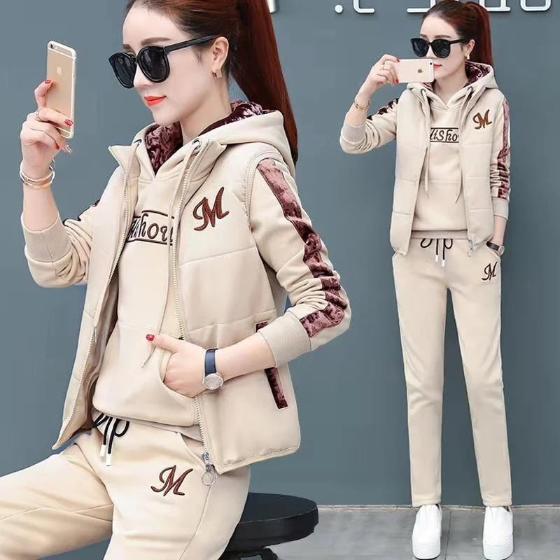 2024 Autumn Winter New Women's Casual Sweat Suit Fashion Plush Thickened Hooded Tops Waistcoat Pants 3 Three Piece Set For Women