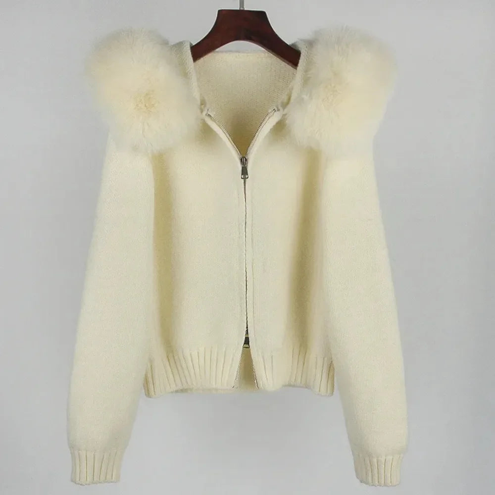 2024 Fashion Autumn Winter Casual Hooded Real Fox Fur Collar Fashion Short Knitted Jacket with Natural Fur Coat for Women