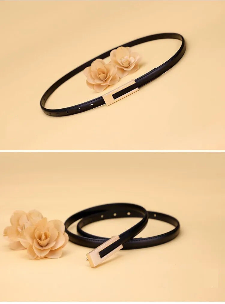 Women Korean Fashionable PU Leather Thin Waist Strap Metal Accessories Basic Belt Women Casual Porous Adjustable Fashion Belts