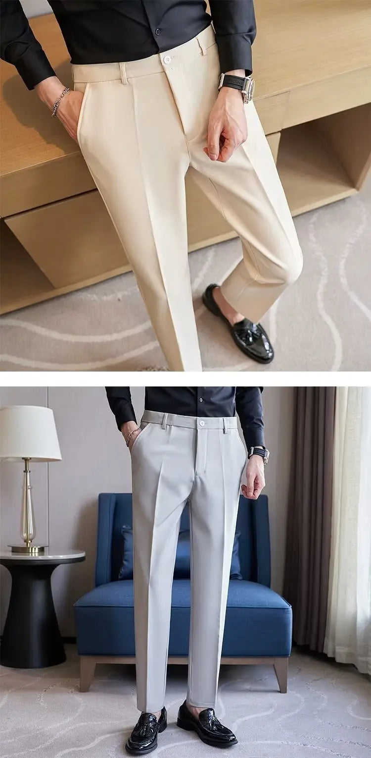 Men's Suit Pants Gray White Black Slim Business Casual Nine-point Pants Straight Plus Size Trousers Office Social Wedding