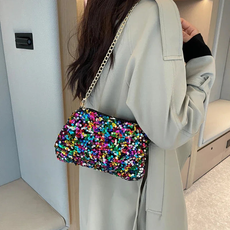 Sequins Crossbody Chain Bag Simple INS Solid Color Sequins Shoulder Bag Underarm Bag Phone Purse Evening Clutch Bags Handbag