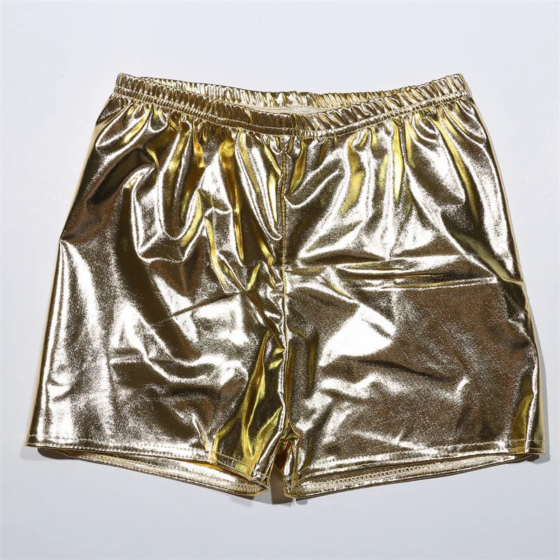 Women Silver Metallic Yoga Shorts Rave Booty Shorts Mid Waist Cheer Shorts PU Shiny Yoga Shorts Femme