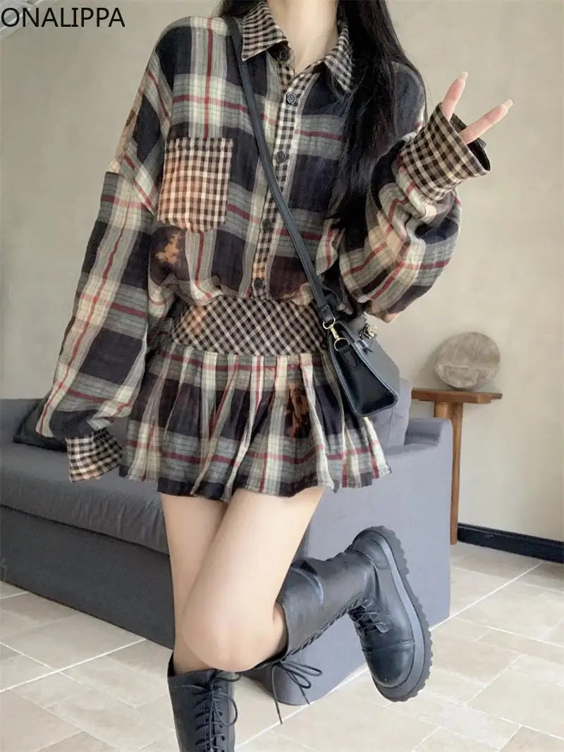 Onalippa Contrast Plaid Two Piece Sets Womens Outfits Turn Down Collar Casual Blouse Korean Chic Waist Belt Mini Pleated Skirts