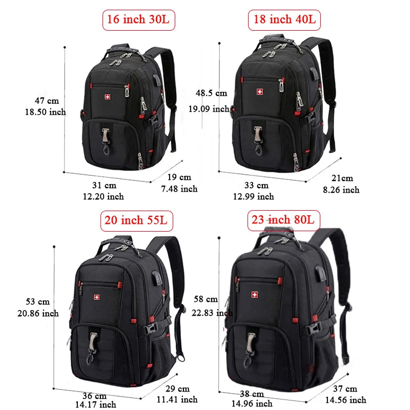 Swiss Durable 17 Inch Laptop Backpack 45L Travel Bag College Bookbag USB Charging Port Water Resistant Multifunctional Mochila