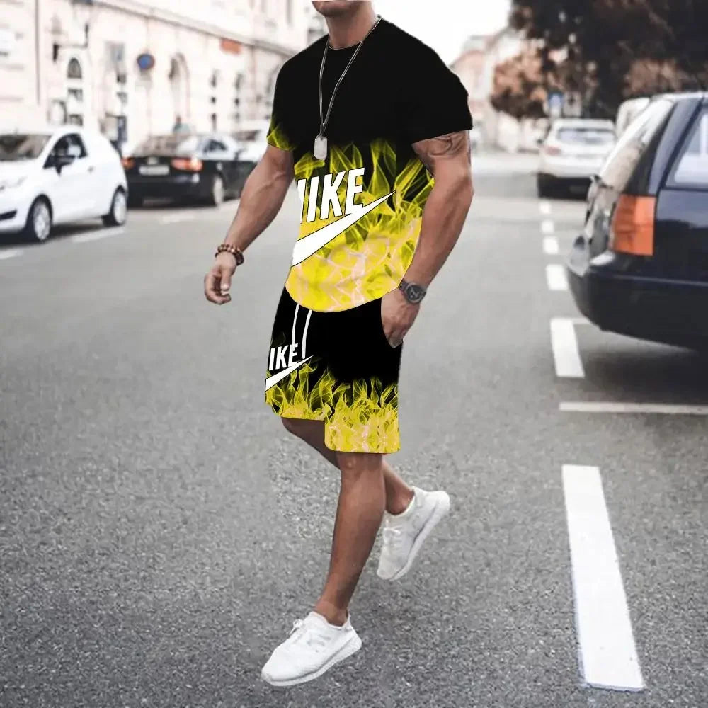 Hot New Running Training Fitness Suit Men's Fashion Printed T-Shirt Shorts Casual Elastic Mesh Breathable Two-piece Set S-4XL