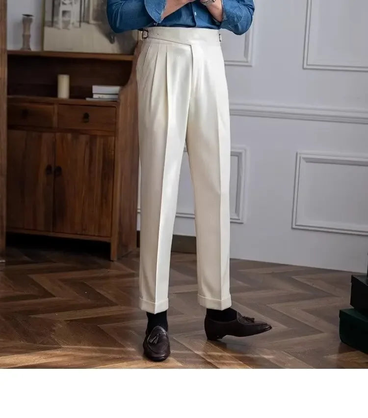 Spring Autumn White Men's Trousers Business Casual Cropped Pants Paris Button Trendy Italian Style