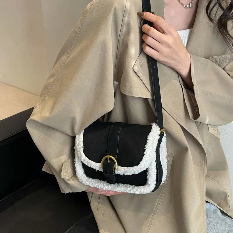 Women's Shoulder Bag Suede and Faux Fur Patchwork Retro Lock Crossbody Bag Small Flap Handbag Brand Designer Tote Bags Handbag