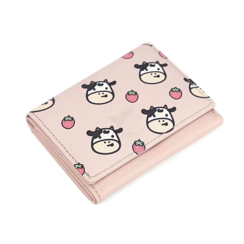 Women New Fashion Wallet Pu Leather Cartoon Cow Cattle Short Ladies Multi-card Slot Coin Purses Student Cute Triple Fold Wallet