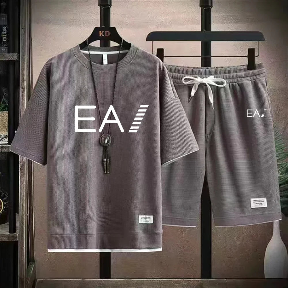 Men's summer new round necked short sleeved and shorts two-piece set with the letters EA1 printed, fashionable and casual set