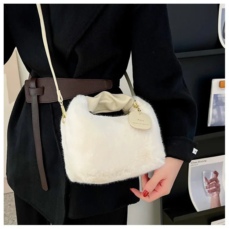 New Fashion Women Lady Shoulder Underarm Bag Solid Color Soft Plush Handbag Fluffy Totes Purse Autumn Winter Shopping Bag