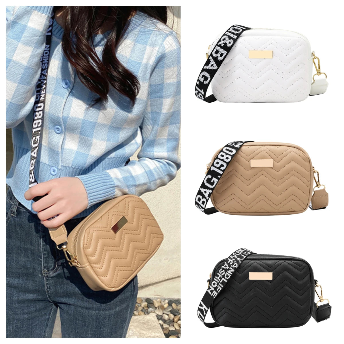 Sac messager à motif de vague tendance pour femme, sac de voyage pour téléphone portable, sac à bandoulière en PU de couleur unie, sacs à main et sacs à main avec fermeture éclair