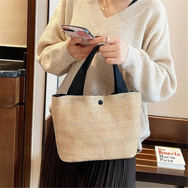 Fsahion Woven Ladies Straw Woven Handbag for Women's Holiday Beach Casual Tote Top-Handle Bags Handmade Retro Shoulder Bags 2024