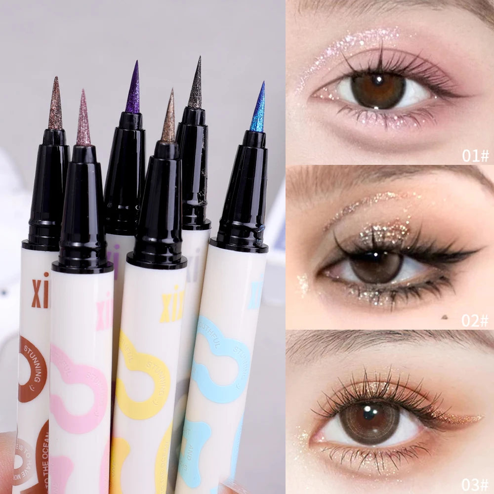 Crayon liquide pour les yeux nacré fin 6 couleurs 3 en 1 Bâton de fard à paupières brillant Silkworm Maquillage pour les yeux à paillettes lisses et durables