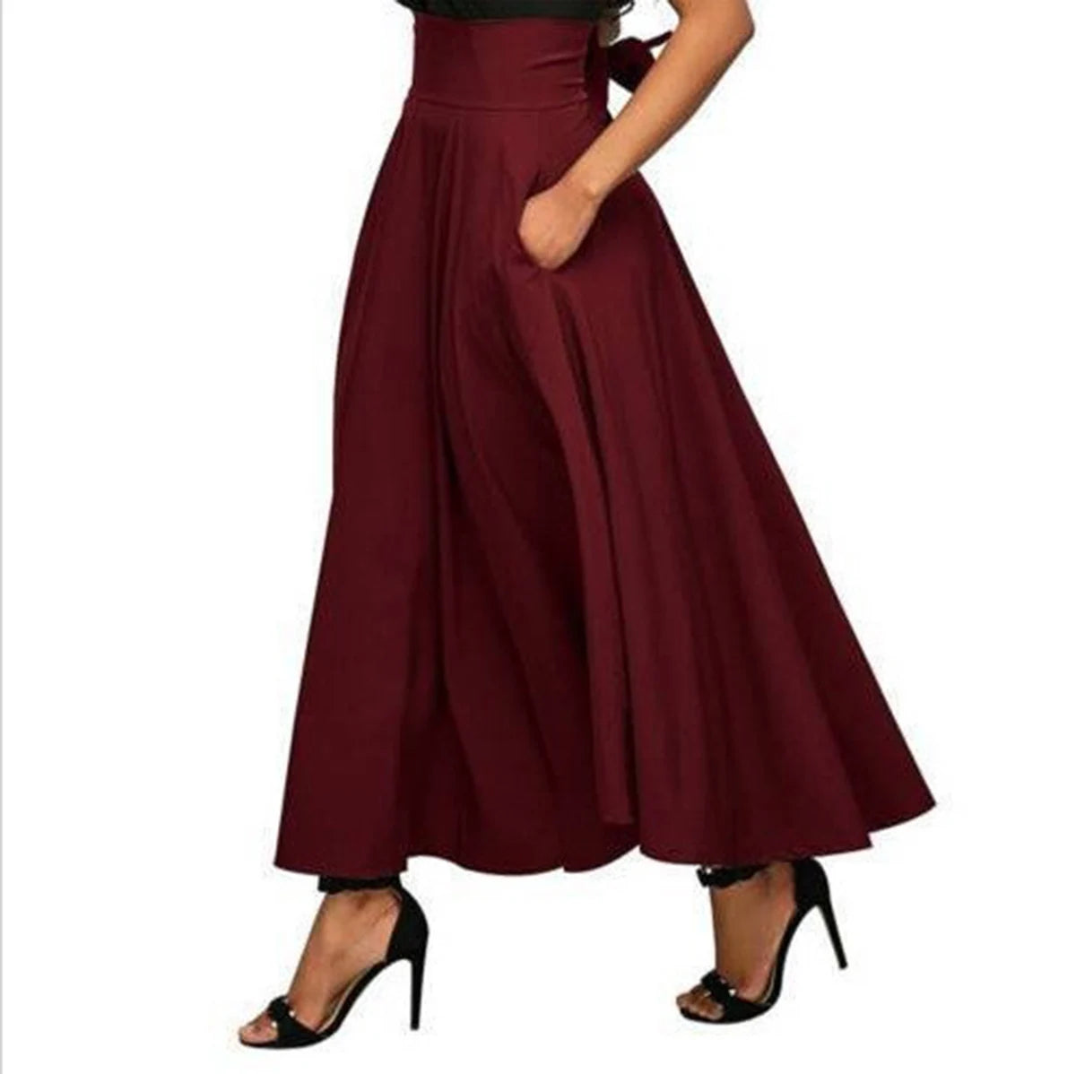 Mode Effen Kleur Grote Swing Vrouwen Rok Lange Rok Herfst Wilde Hoge Taille Strik Slanke Rokken