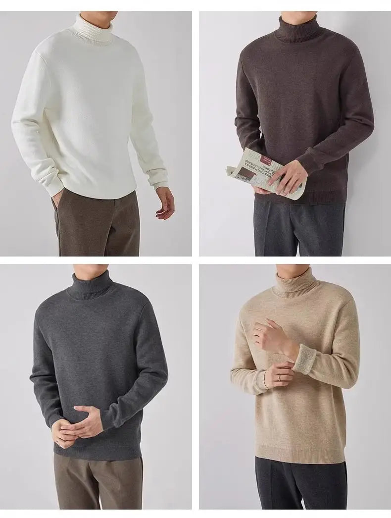 Autumn Winter Men's Turtleneck Sweater Knitted Velvet Warm Long Sleeve Pullover Outdoor Cold-proof Casual Blouse Base Sweater